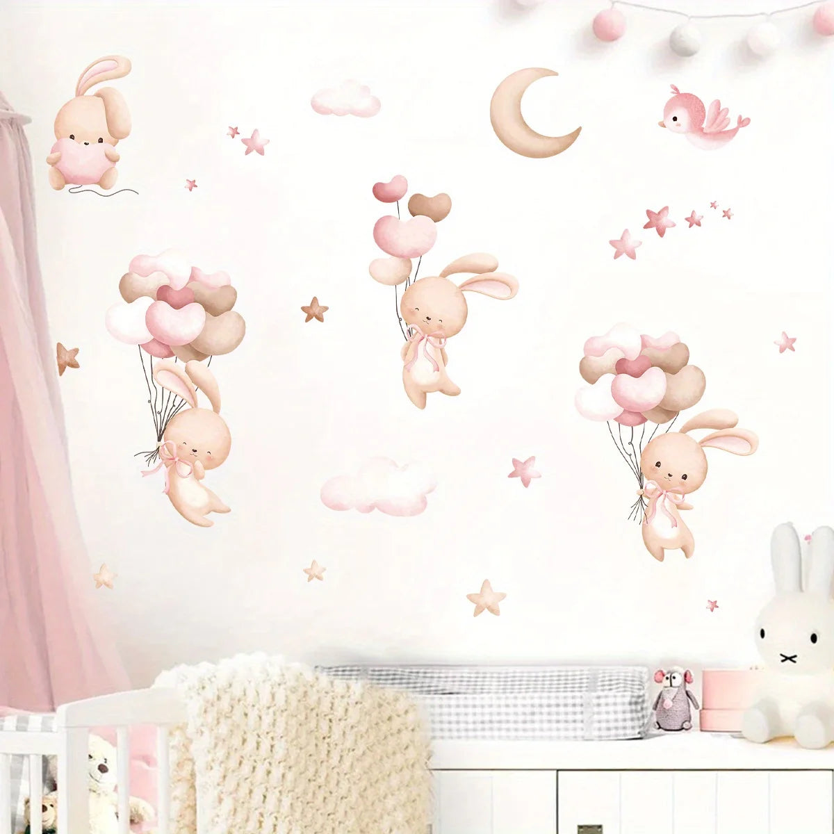 Bunny & Balloons Wall Decal – Removable Cartoon Rabbit Balloon Stickers for Kids’ Rooms & Playrooms