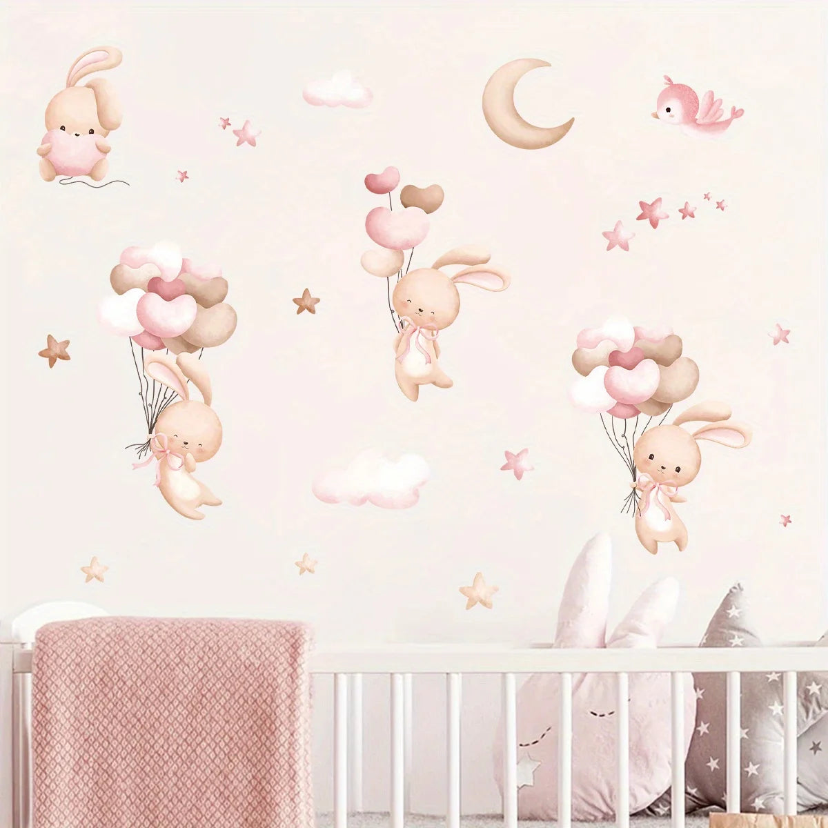 Bunny & Balloons Wall Decal – Removable Cartoon Rabbit Balloon Stickers for Kids’ Rooms & Playrooms