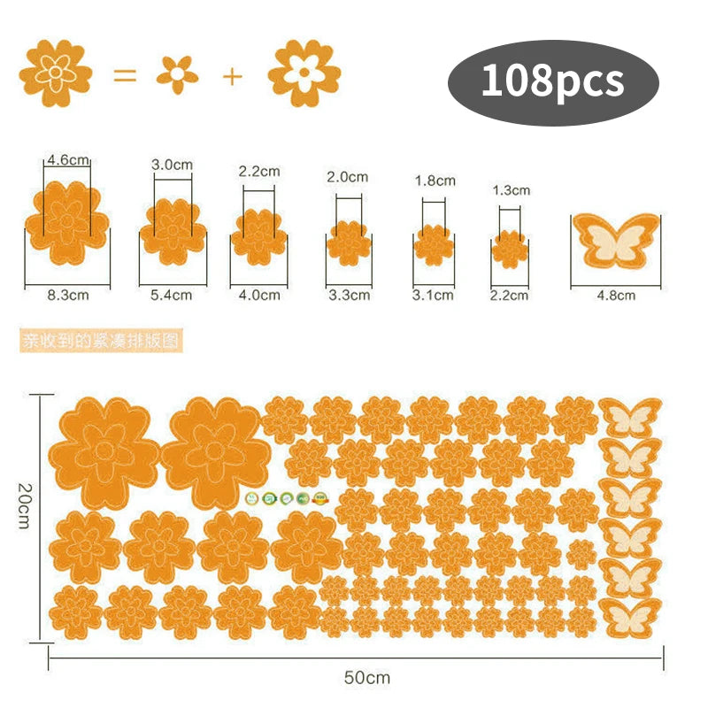 108pcs & 216pcs DIY Flower Wall Stickers – Kids Bedroom, Nursery & Home Décor, Self-Adhesive PVC Decals