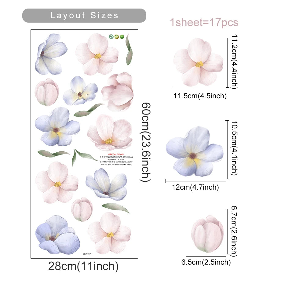 Blush Bloom Wall Decals – Boho Watercolor Flower Stickers, Removable PVC for Girls’ Bedrooms & Home Décor