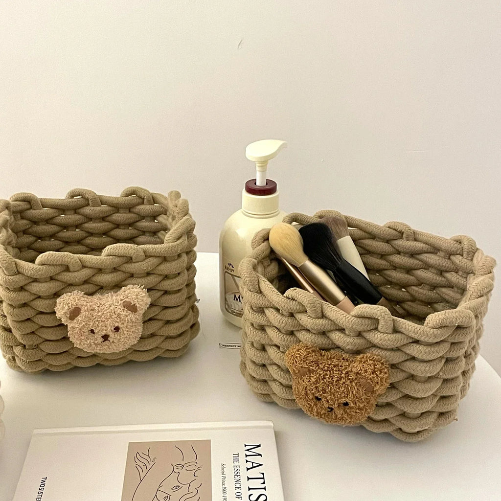 Cuddle Cub Woven Cotton Storage Basket – Little Bear Organizer for Toys, Cosmetics & Desktop Essentials