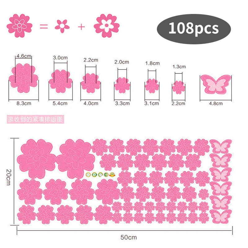 108pcs & 216pcs DIY Flower Wall Stickers – Kids Bedroom, Nursery & Home Décor, Self-Adhesive PVC Decals