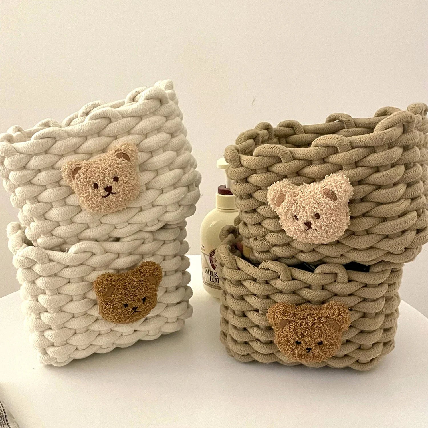 Cuddle Cub Woven Cotton Storage Basket – Little Bear Organizer for Toys, Cosmetics & Desktop Essentials