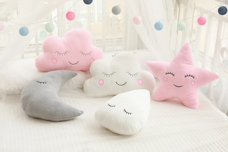 Dreamy Skies Plush Pillow Set – Soft Cloud, Moon, Star & Raindrop Cushions for Kids, Baby Room Decor