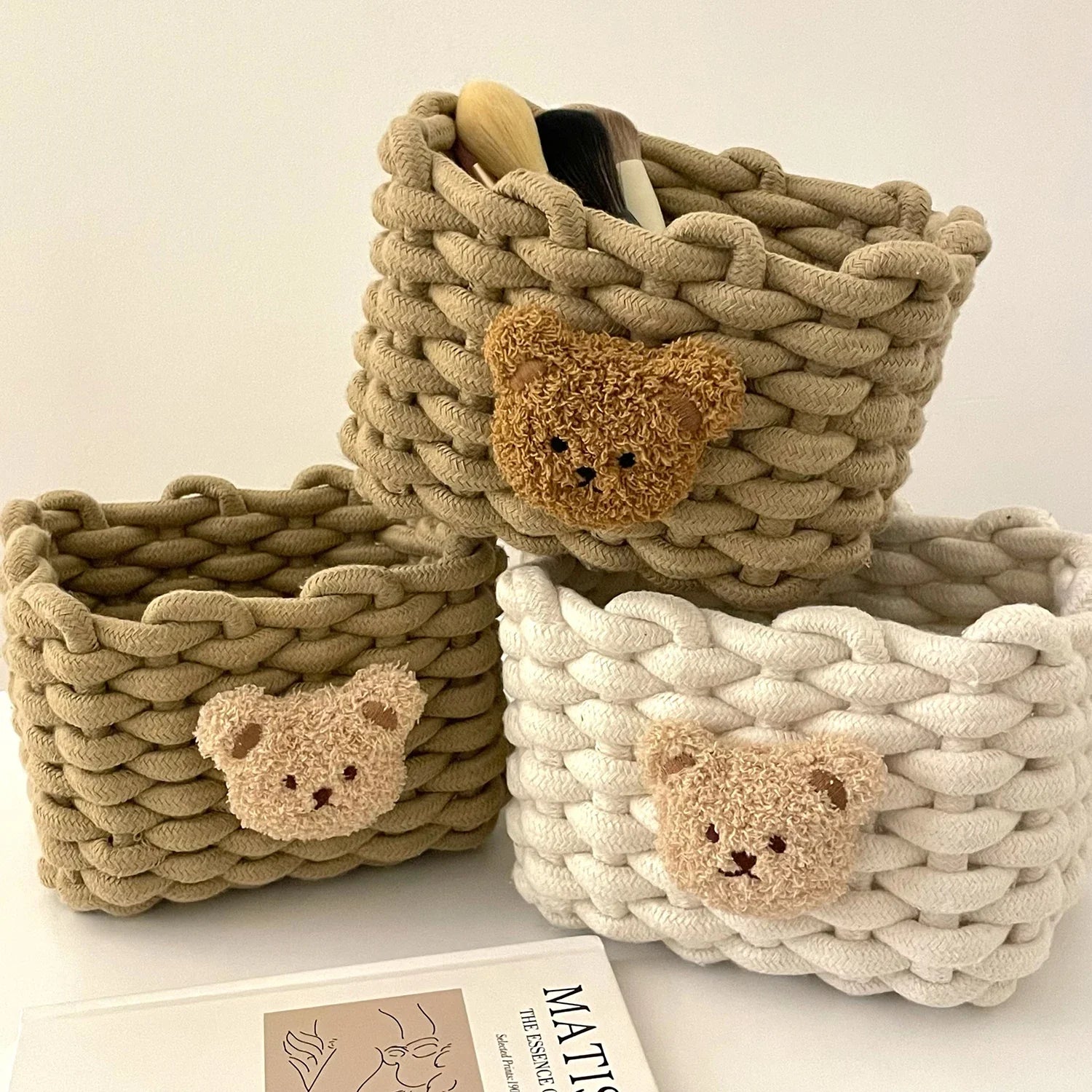 Cuddle Cub Woven Cotton Storage Basket – Little Bear Organizer for Toys, Cosmetics & Desktop Essentials
