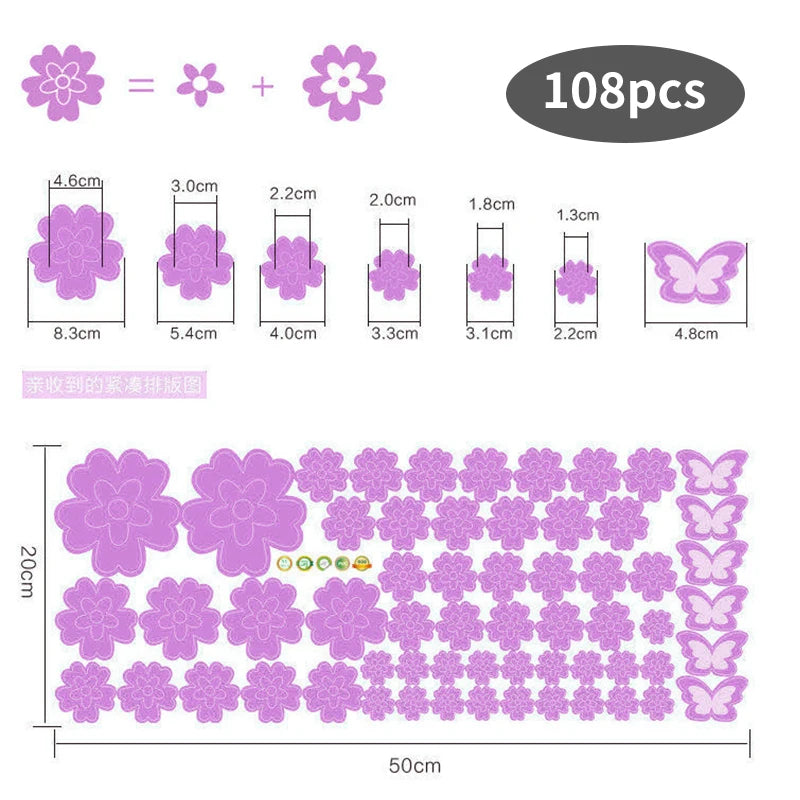 108pcs & 216pcs DIY Flower Wall Stickers – Kids Bedroom, Nursery & Home Décor, Self-Adhesive PVC Decals