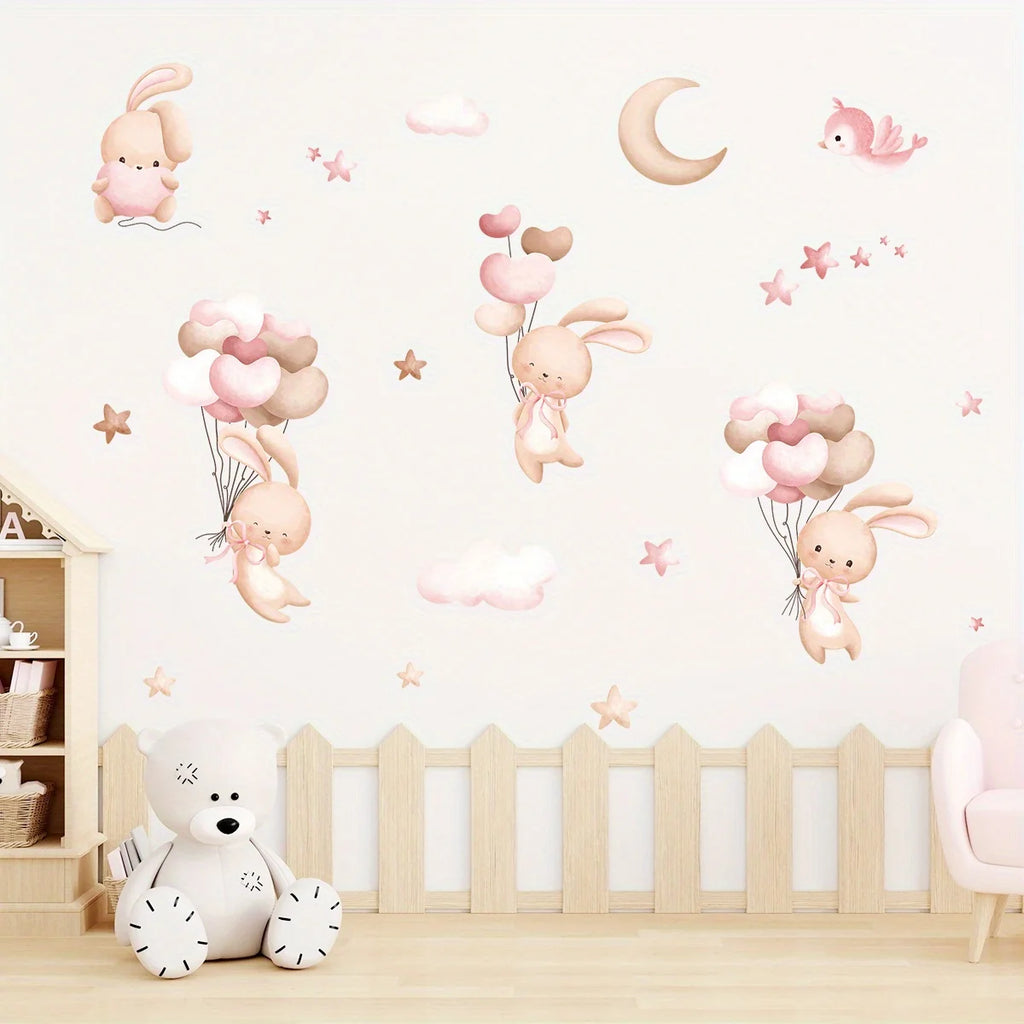 Bunny & Balloons Wall Decal – Removable Cartoon Rabbit Balloon Stickers for Kids’ Rooms & Playrooms