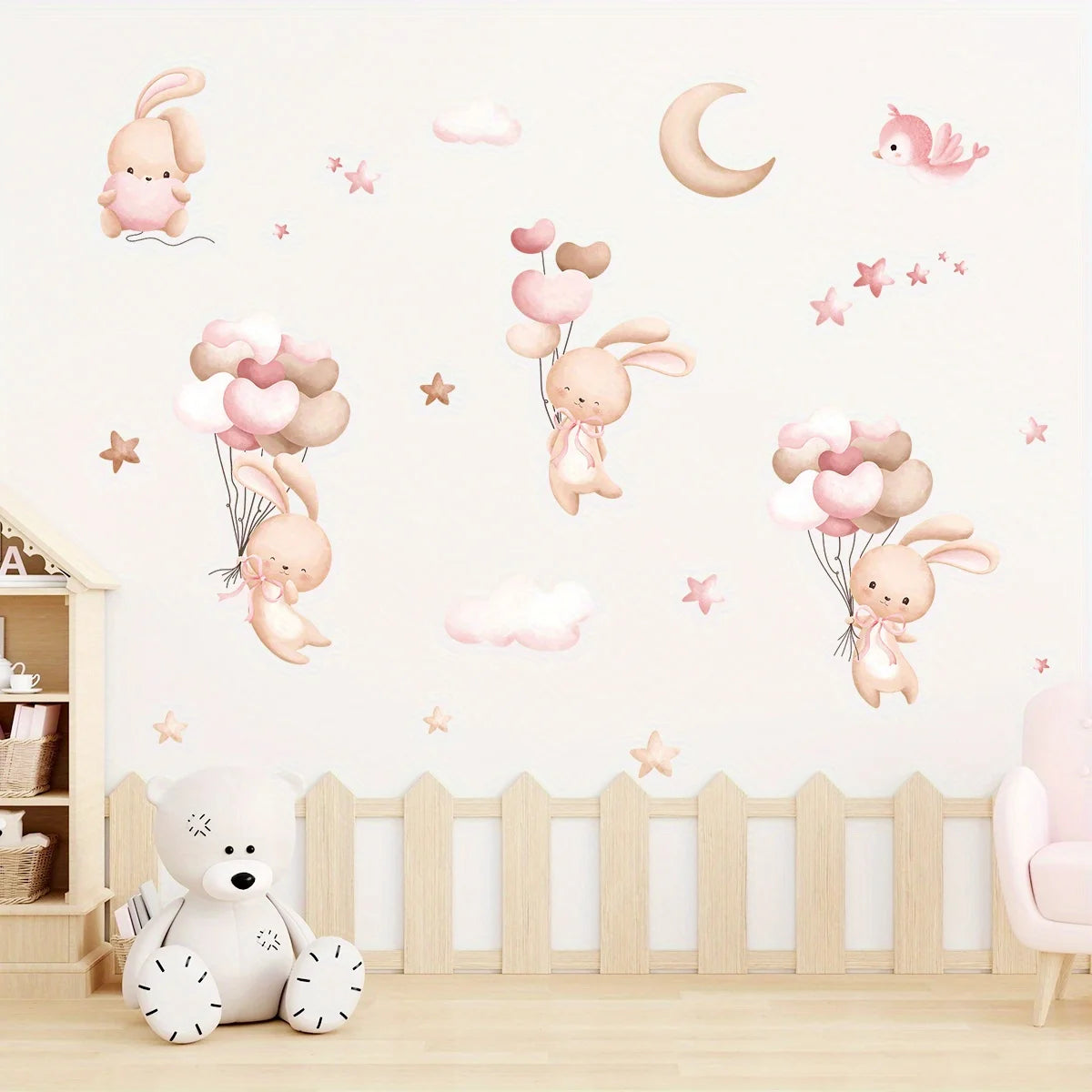 Bunny & Balloons Wall Decal – Removable Cartoon Rabbit Balloon Stickers for Kids’ Rooms & Playrooms