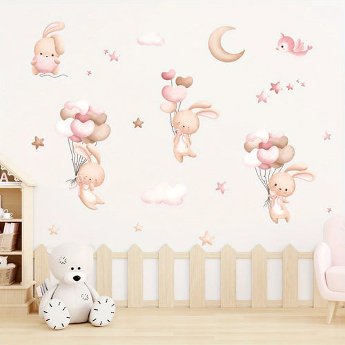 Bunny & Balloons Wall Decal – Removable Cartoon Rabbit Balloon Stickers for Kids’ Rooms & Playrooms