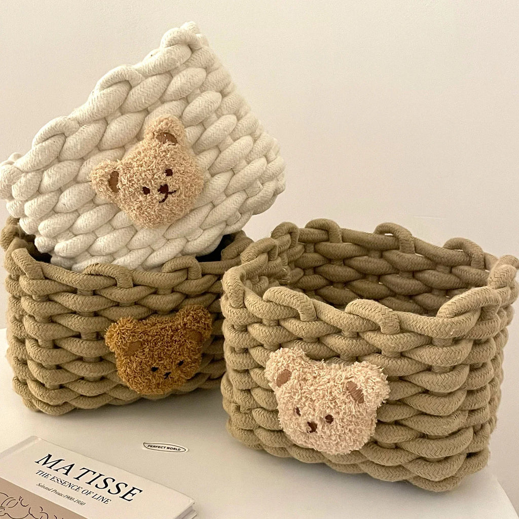 Cuddle Cub Woven Cotton Storage Basket – Little Bear Organizer for Toys, Cosmetics & Desktop Essentials
