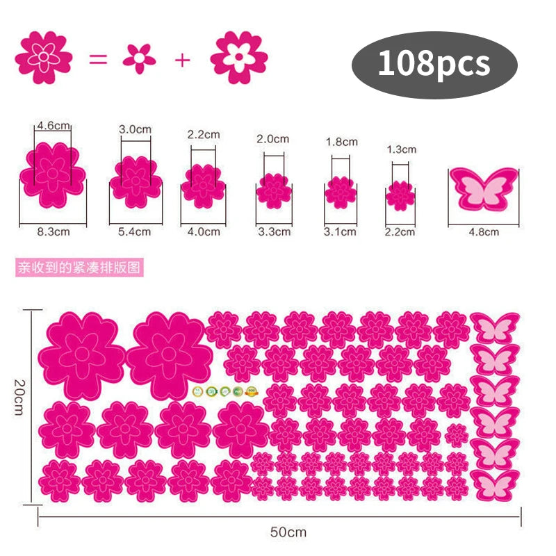 108pcs & 216pcs DIY Flower Wall Stickers – Kids Bedroom, Nursery & Home Décor, Self-Adhesive PVC Decals