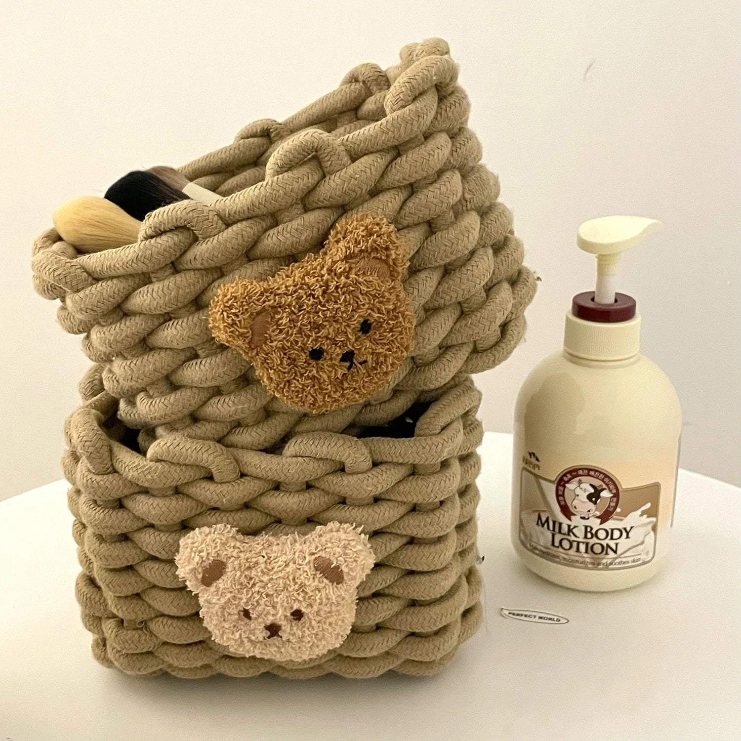 Cuddle Cub Woven Cotton Storage Basket – Little Bear Organizer for Toys, Cosmetics & Desktop Essentials