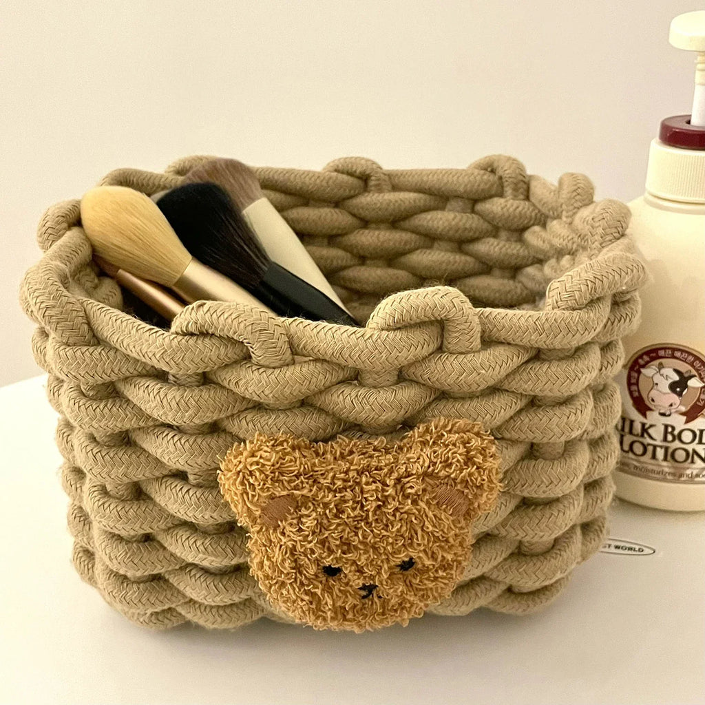 Cuddle Cub Woven Cotton Storage Basket – Little Bear Organizer for Toys, Cosmetics & Desktop Essentials