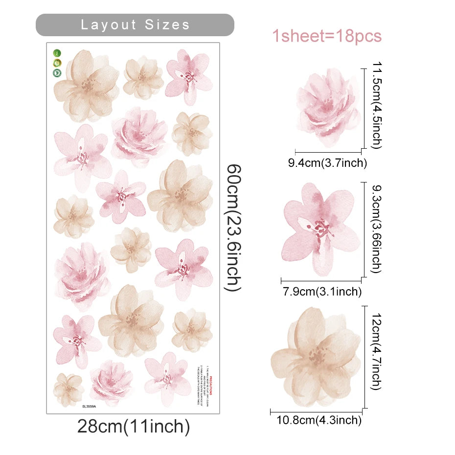 Blush Bloom Wall Decals – Boho Watercolor Flower Stickers, Removable PVC for Girls’ Bedrooms & Home Décor