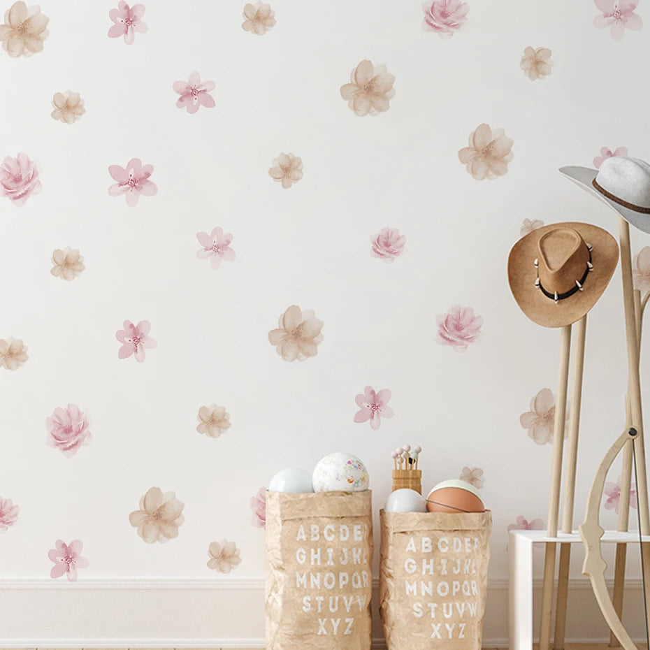 Blush Bloom Wall Decals – Boho Watercolor Flower Stickers, Removable PVC for Girls’ Bedrooms & Home Décor