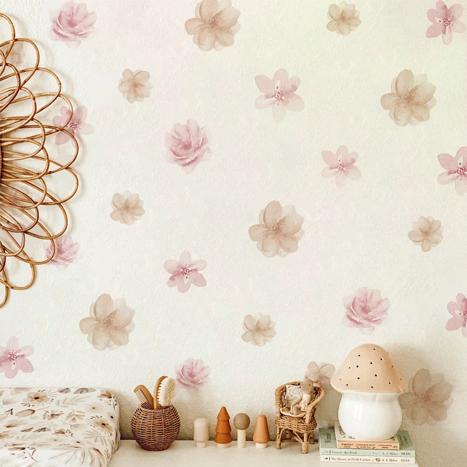 Blush Bloom Wall Decals – Boho Watercolor Flower Stickers, Removable PVC for Girls’ Bedrooms & Home Décor