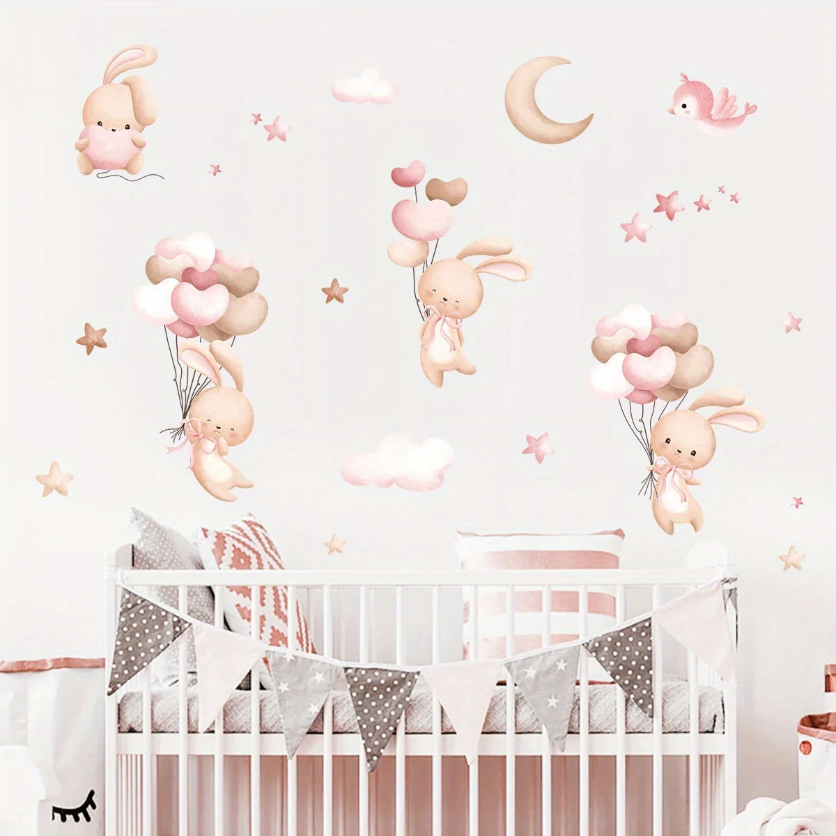 Bunny & Balloons Wall Decal – Removable Cartoon Rabbit Balloon Stickers for Kids’ Rooms & Playrooms