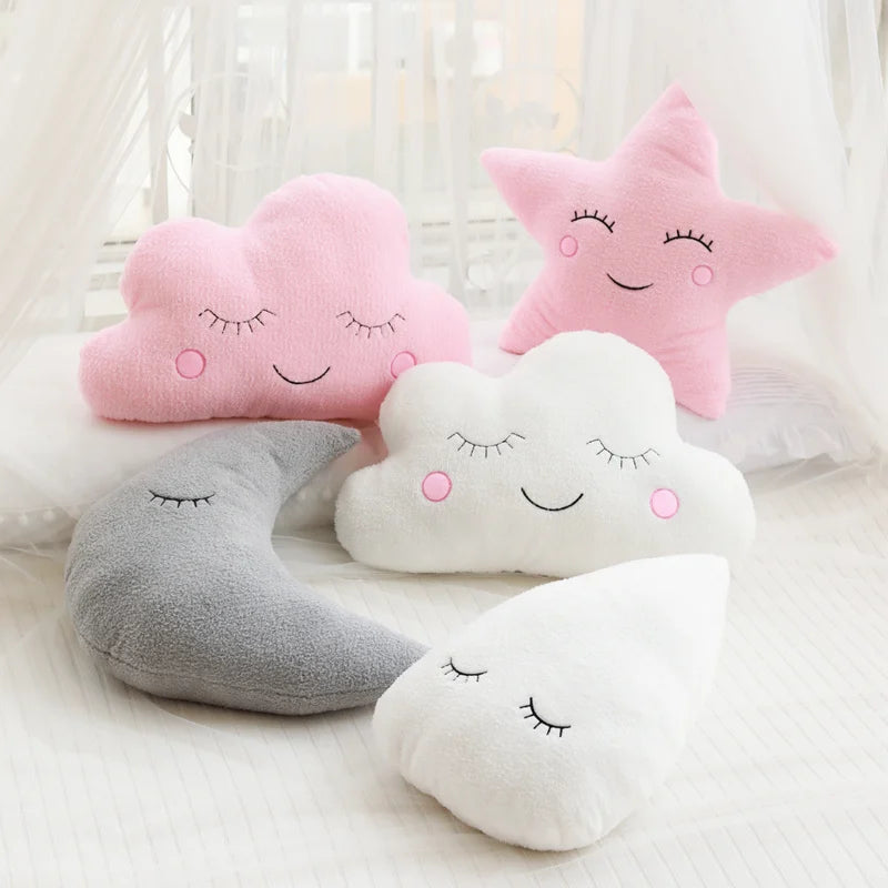 Dreamy Skies Plush Pillow Set – Soft Cloud, Moon, Star & Raindrop Cushions for Kids, Baby Room Decor