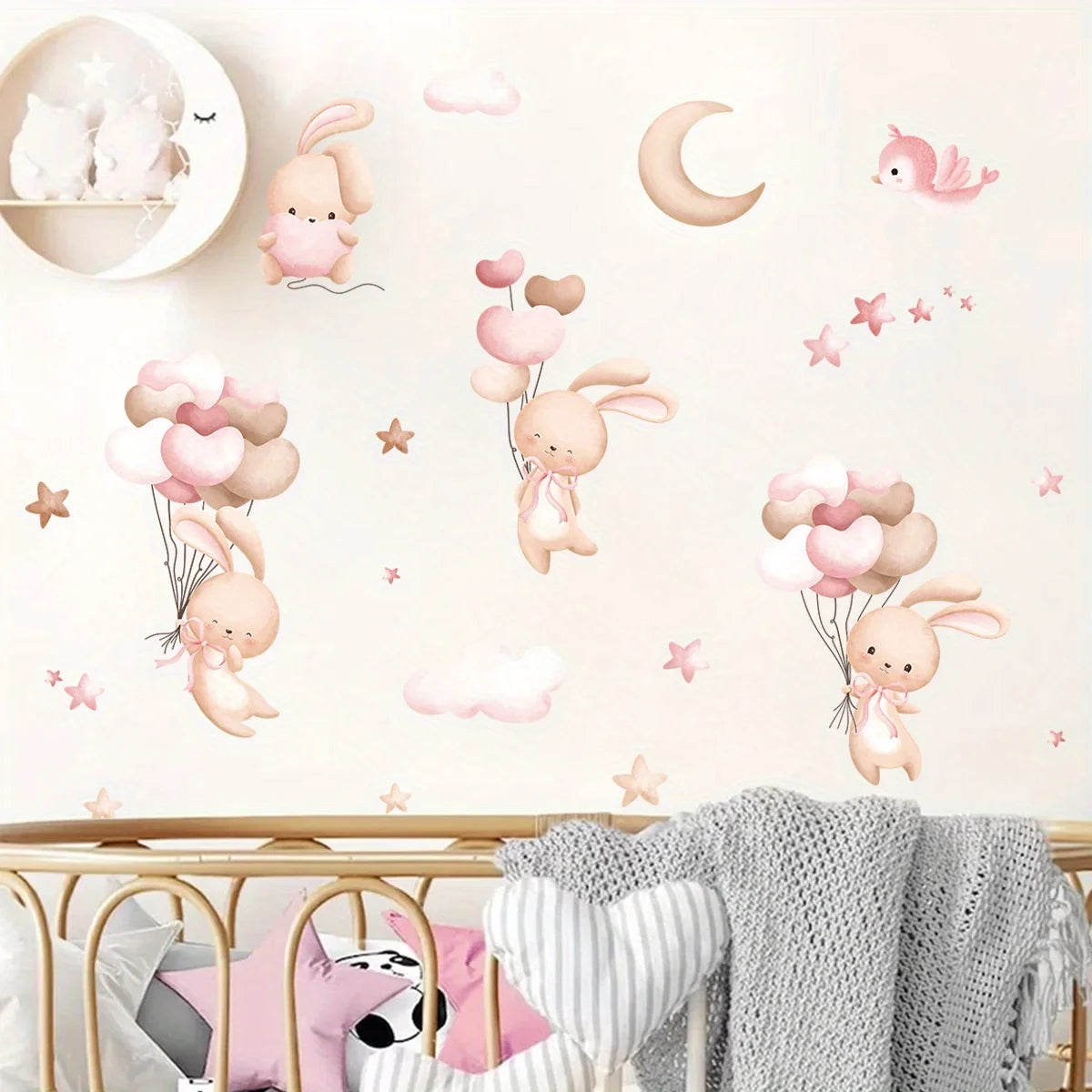 Bunny & Balloons Wall Decal – Removable Cartoon Rabbit Balloon Stickers for Kids’ Rooms & Playrooms