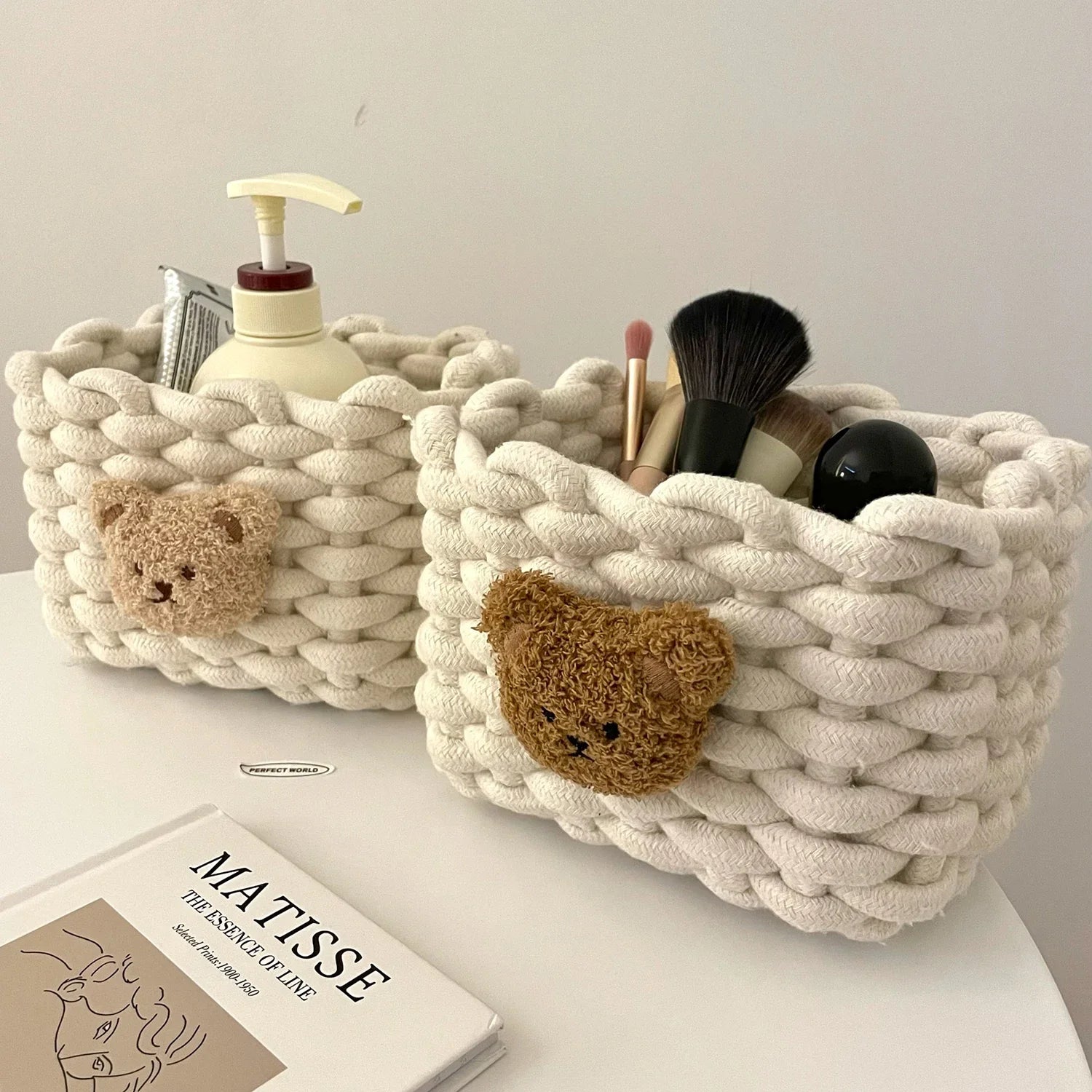 Cuddle Cub Woven Cotton Storage Basket – Little Bear Organizer for Toys, Cosmetics & Desktop Essentials