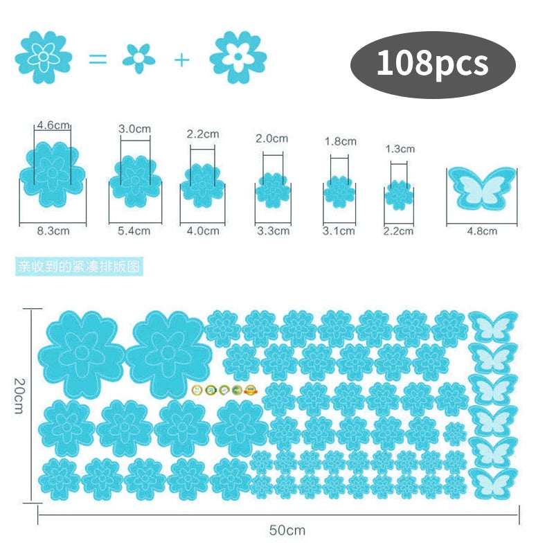 108pcs & 216pcs DIY Flower Wall Stickers – Kids Bedroom, Nursery & Home Décor, Self-Adhesive PVC Decals