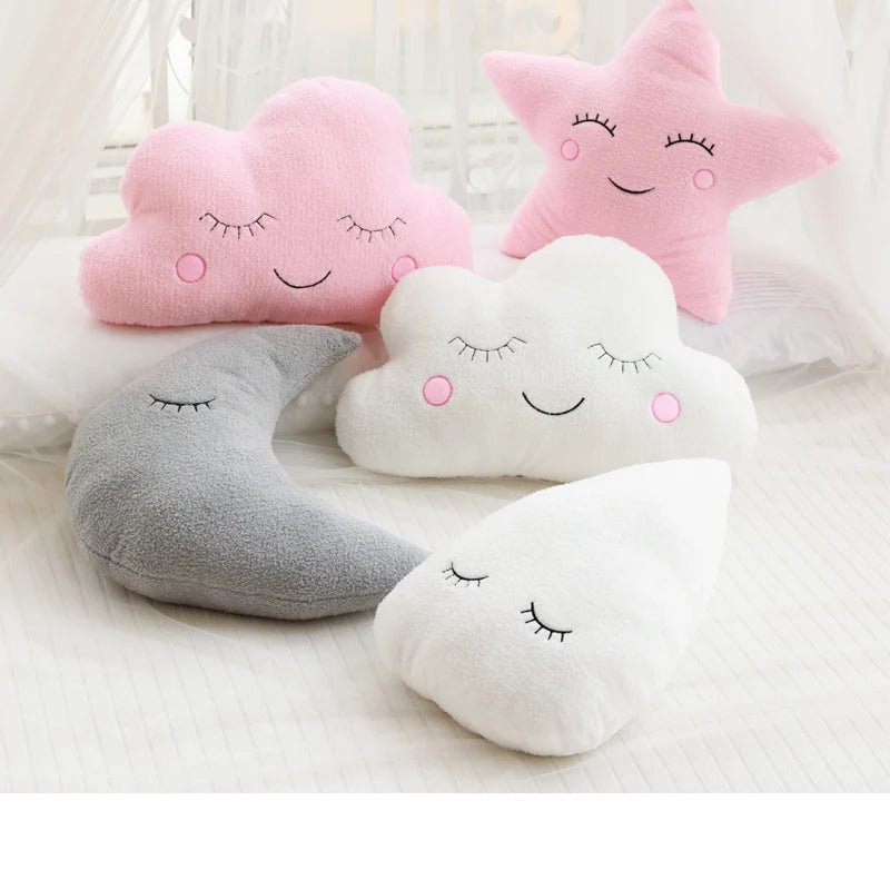 Dreamy Skies Plush Pillow Set – Soft Cloud, Moon, Star & Raindrop Cushions for Kids, Baby Room Decor