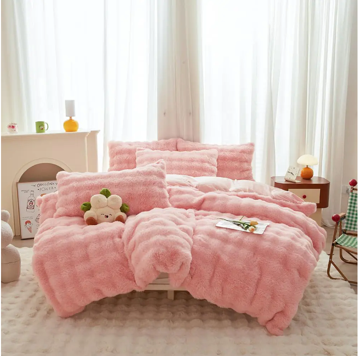 Girls Rabbit Plush Pink Comforter Sets Queen - 3PC Faux Fur Bed Set Skin Friendly Soft Warm Velvet Flannel Fluffy Fuzzy Bedding（Comforter x 1 Pillowcases x 2）