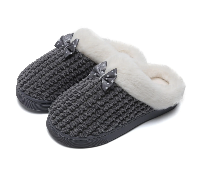 Snowpuff Cozy Bow-Tie Slip-On Slippers for Girls – Soft Fleece Lined Indoor Shoes