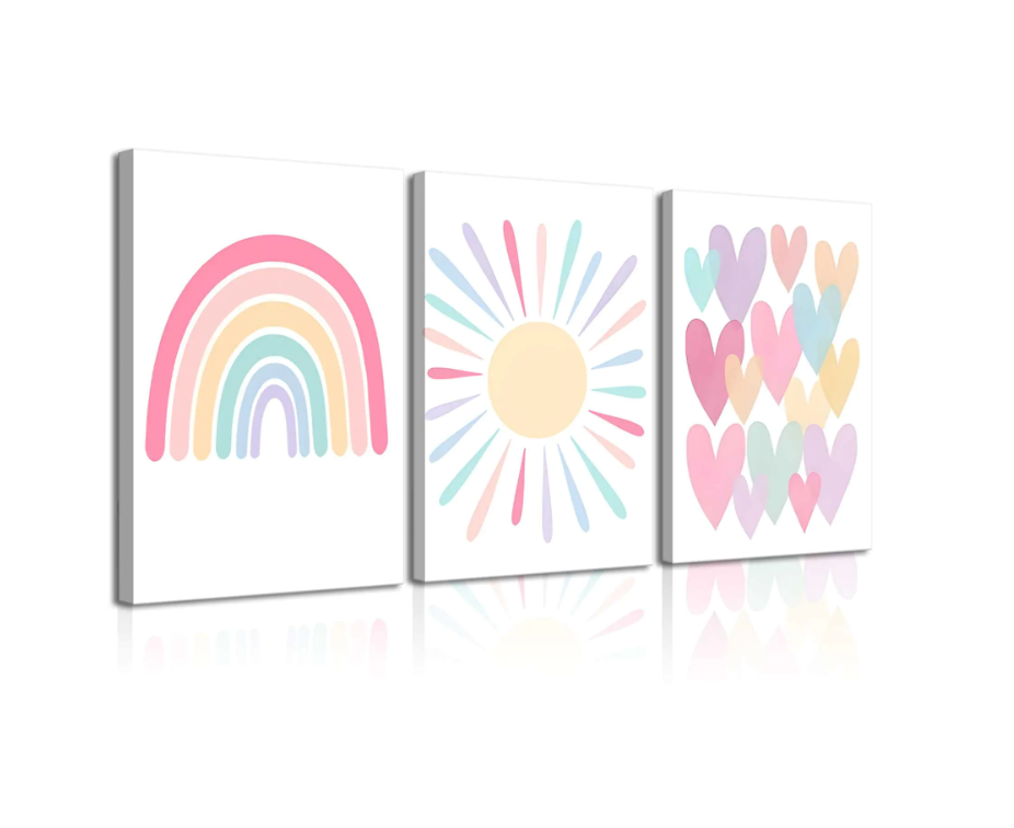 Sunshine & Smiles 3-Piece Pastel Pink Rainbow Wall Art – Framed Canvas Set for Girls’ Bedrooms