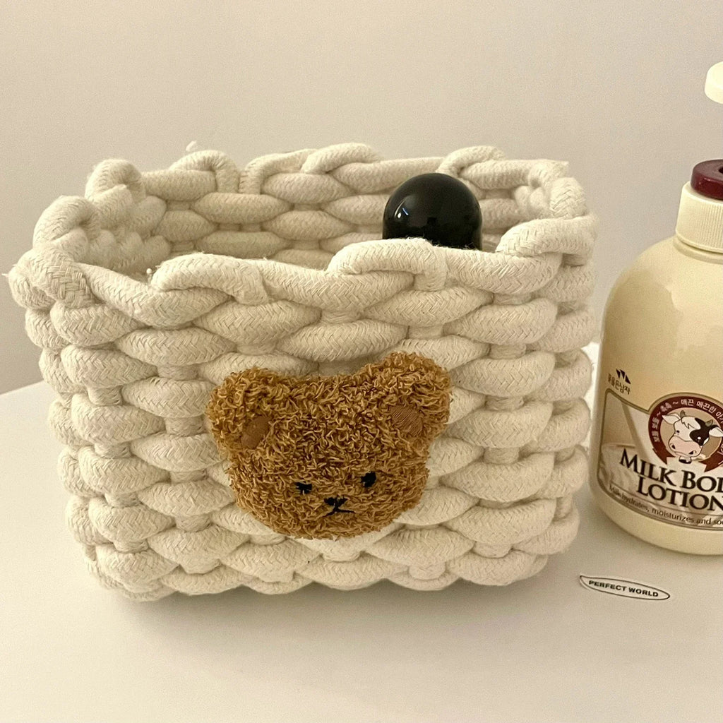 Cuddle Cub Woven Cotton Storage Basket – Little Bear Organizer for Toys, Cosmetics & Desktop Essentials
