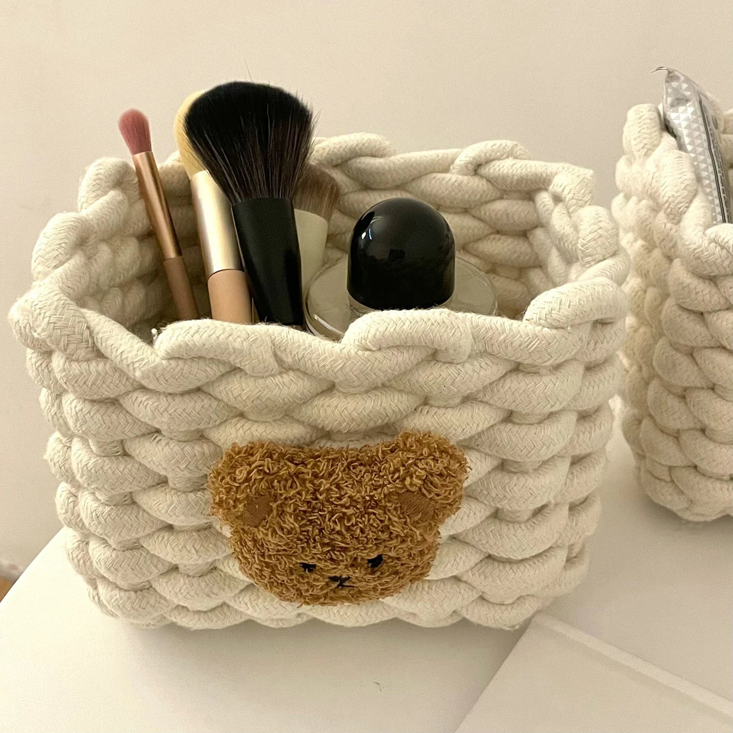 Cuddle Cub Woven Cotton Storage Basket – Little Bear Organizer for Toys, Cosmetics & Desktop Essentials
