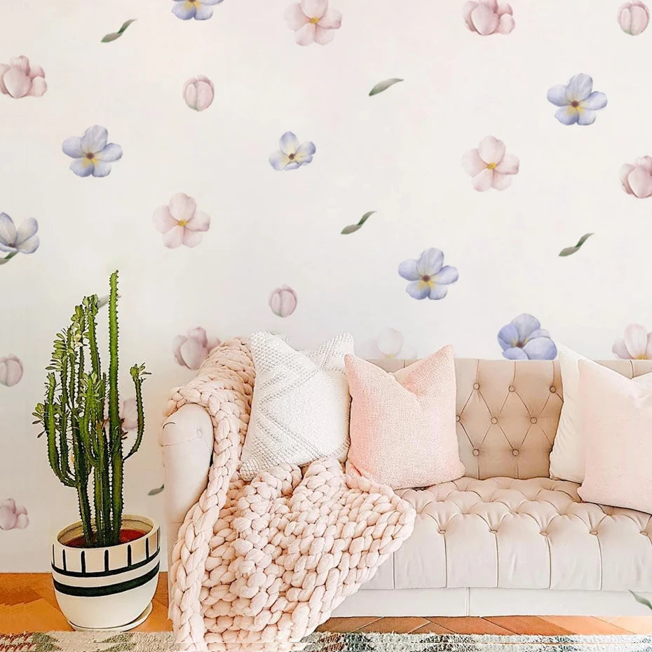 Blush Bloom Wall Decals – Boho Watercolor Flower Stickers, Removable PVC for Girls’ Bedrooms & Home Décor