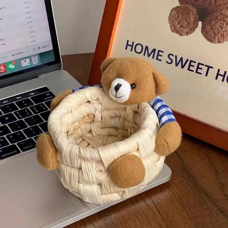 Cuddle Cub Woven Cotton Storage Basket – Little Bear Organizer for Toys, Cosmetics & Desktop Essentials