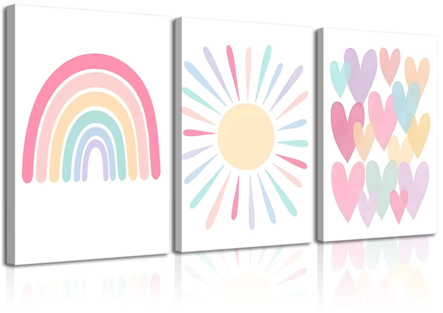 Sunshine & Smiles 3-Piece Pastel Pink Rainbow Wall Art – Framed Canvas Set for Girls’ Bedrooms