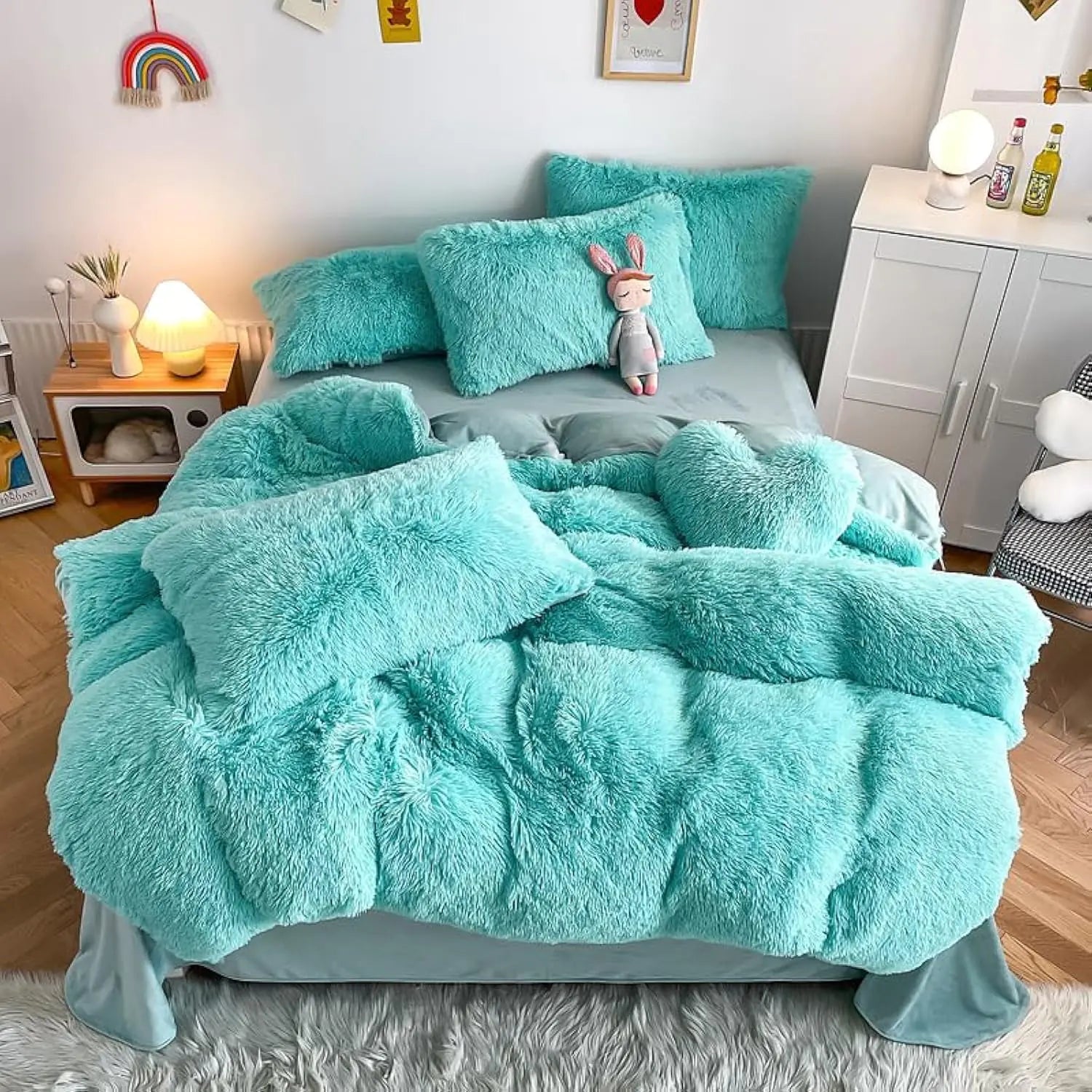 Faux Fur Plush Sky Blue Comforter Sets Queen - Ultra Soft Shaggy Flannel Velvet Fluffy Fuzzy 3PC Bedding Set （Comforter x 1 Pillowcases x 2）