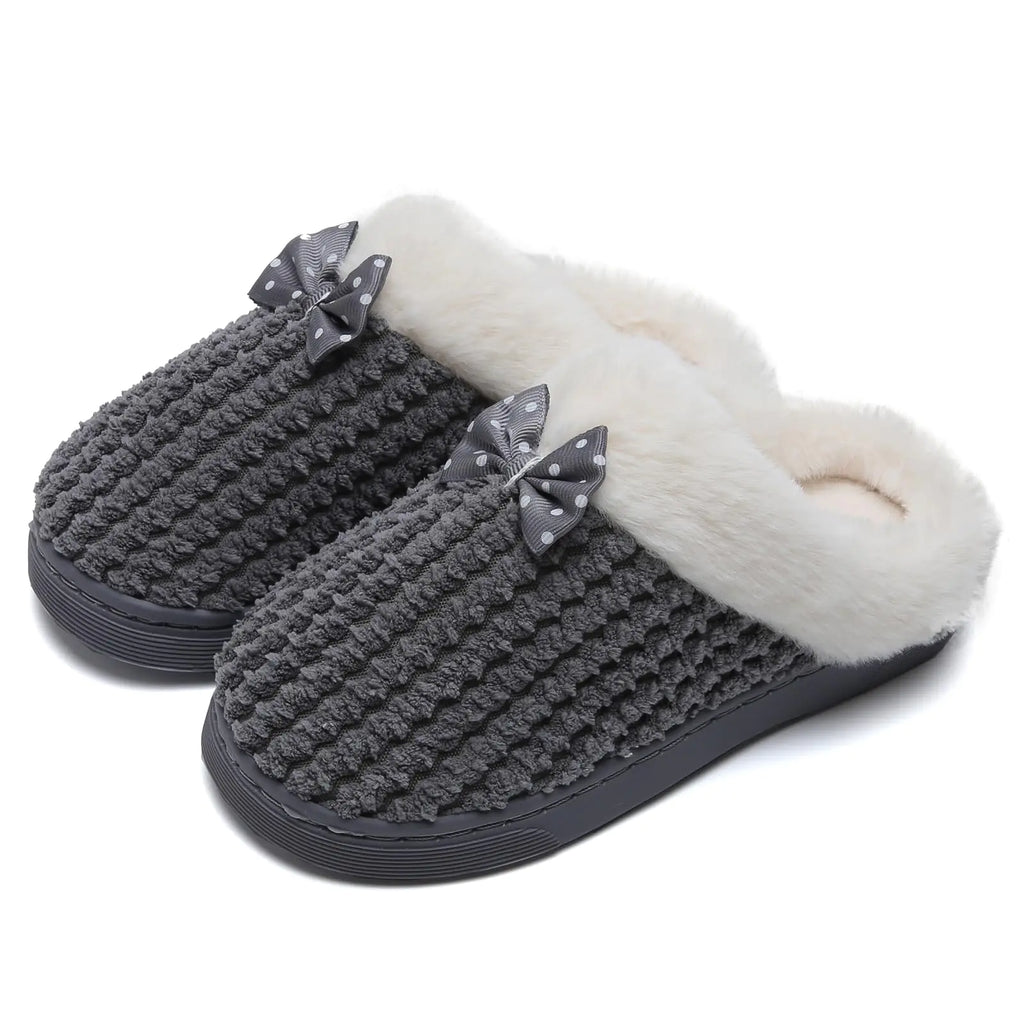 Snowpuff Cozy Bow-Tie Slip-On Slippers for Girls – Soft Fleece Lined Indoor Shoes