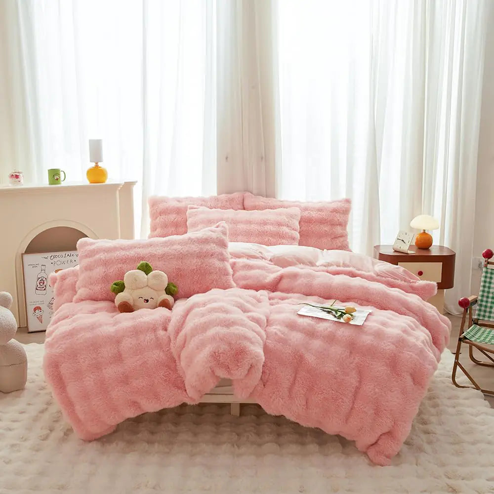 Girls Rabbit Plush Pink Comforter Sets Queen - 3PC Faux Fur Bed Set Skin Friendly Soft Warm Velvet Flannel Fluffy Fuzzy Bedding（Comforter x 1 Pillowcases x 2）
