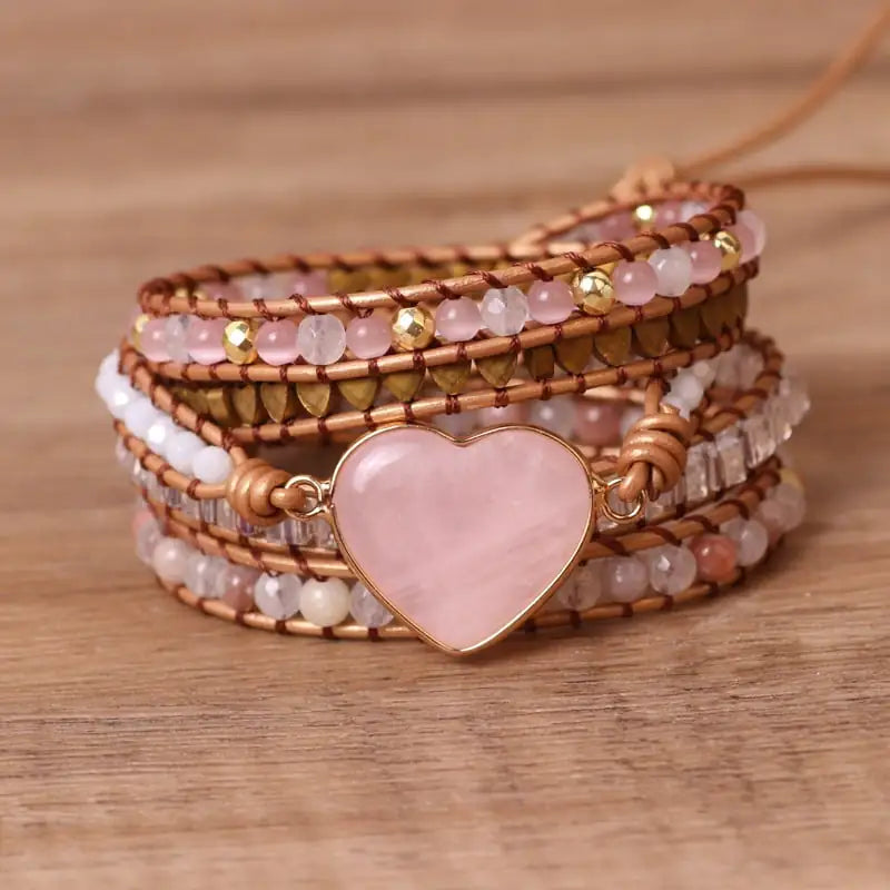 Love Pink Crystal Chip Braided Multi-Layer Bracelet – Adjustable Stone Wrap Jewelry